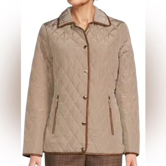 Michael Kors NWT Women’s Diamond  Quilted Taupe Jacket with Brown Trim Medium - Picture 3 of 11